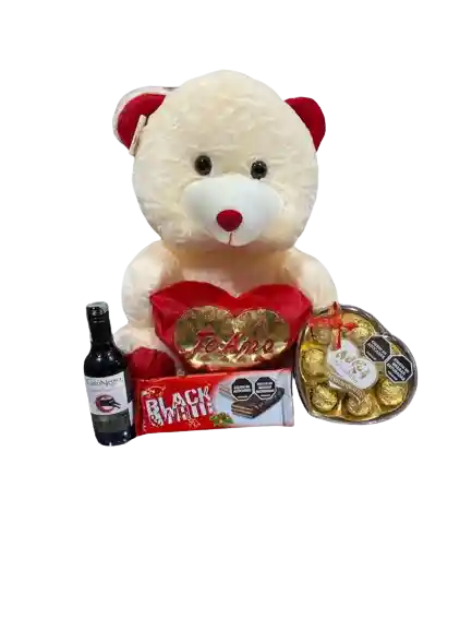 Ancheta Peluche Oso 55 Cm, Choccolates Corazon, Vino Gato Negro, Galletas De Chocolate, Globo Y Envoltura