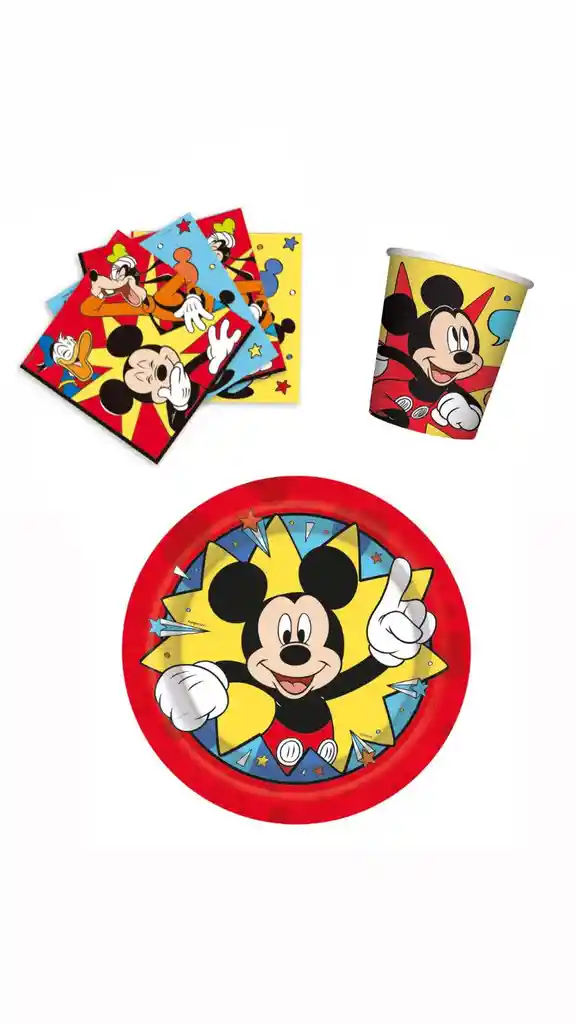 Set Platos, Vasos Y Servilletas X8 Infantil Mickey Mouse