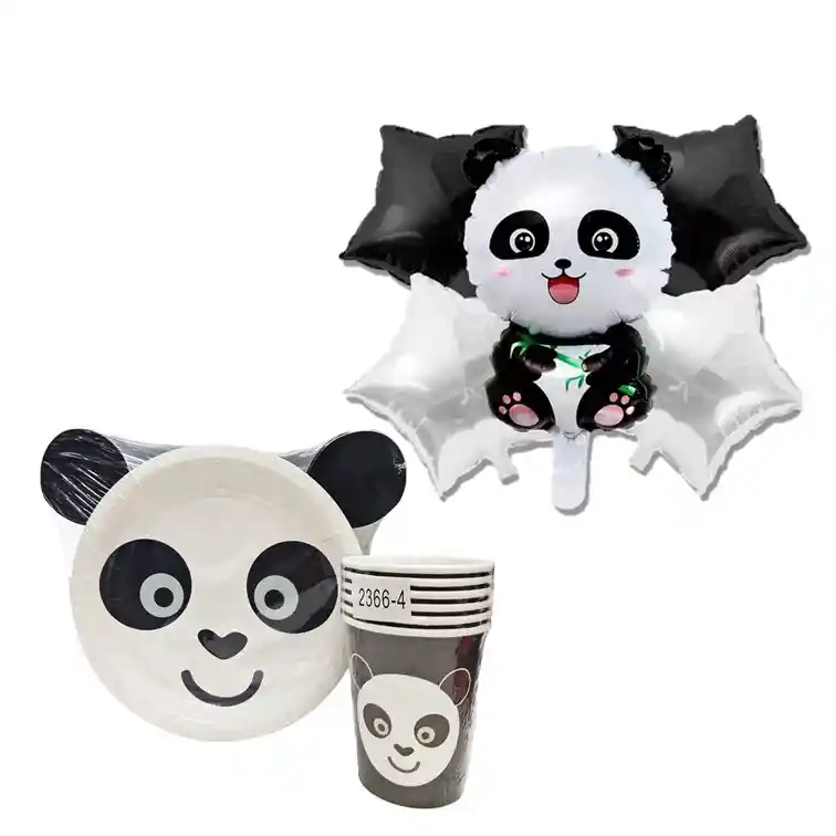 Kit De Fiesta Globos Panda Con Vasos Y Platos En Carton X6 Und