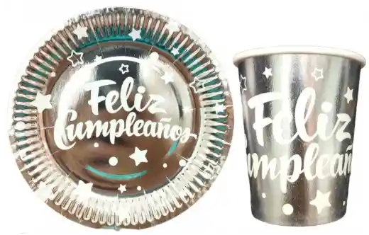 Set De Platos Y Vasos Para Fiestas Feliz Cumpleaños Plateado Metalizado