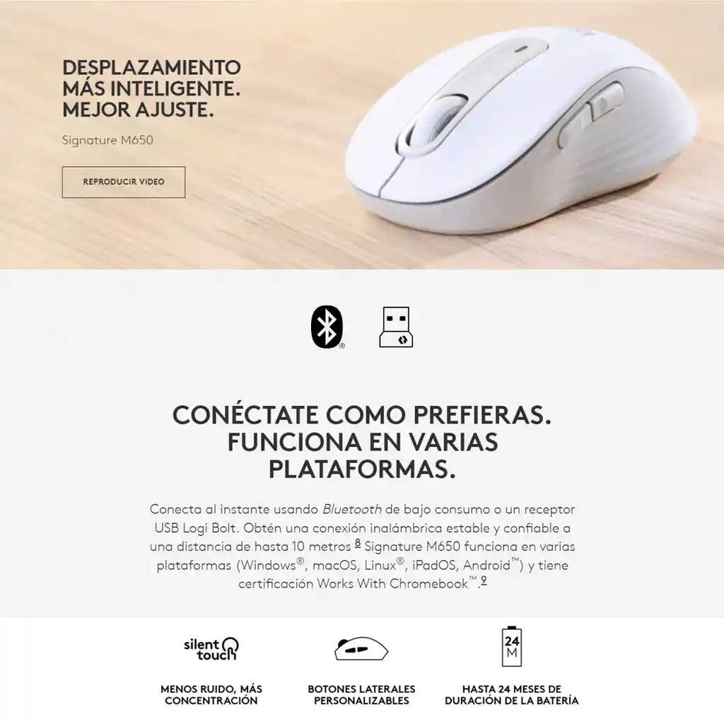 Mouse Inalámbrico Signature Logitech M650 Receptor Logi Bolt Blanco