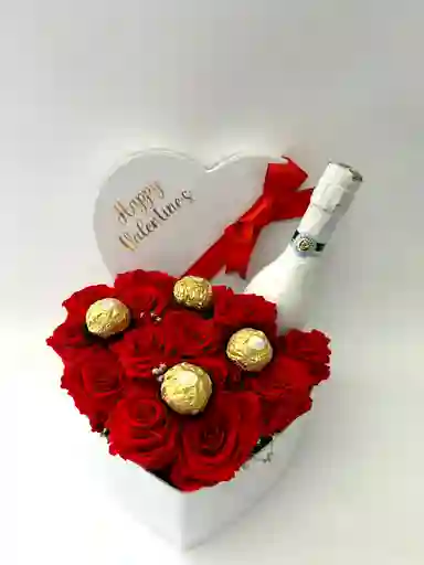 Caja De Lujo Corazón Con Rosas, Ferreros Y Jp Chenet 200ml