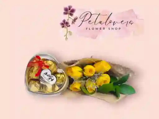 Arreglo Floral, 6 Rosas Amarillas Y Chocolates X5
