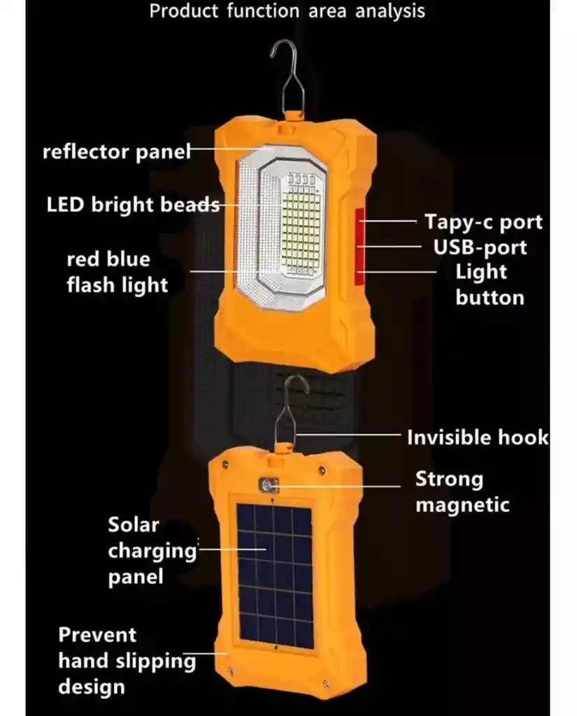 Lampara Reflector Led Solar 53w 63 Led Para Acampar Gancho