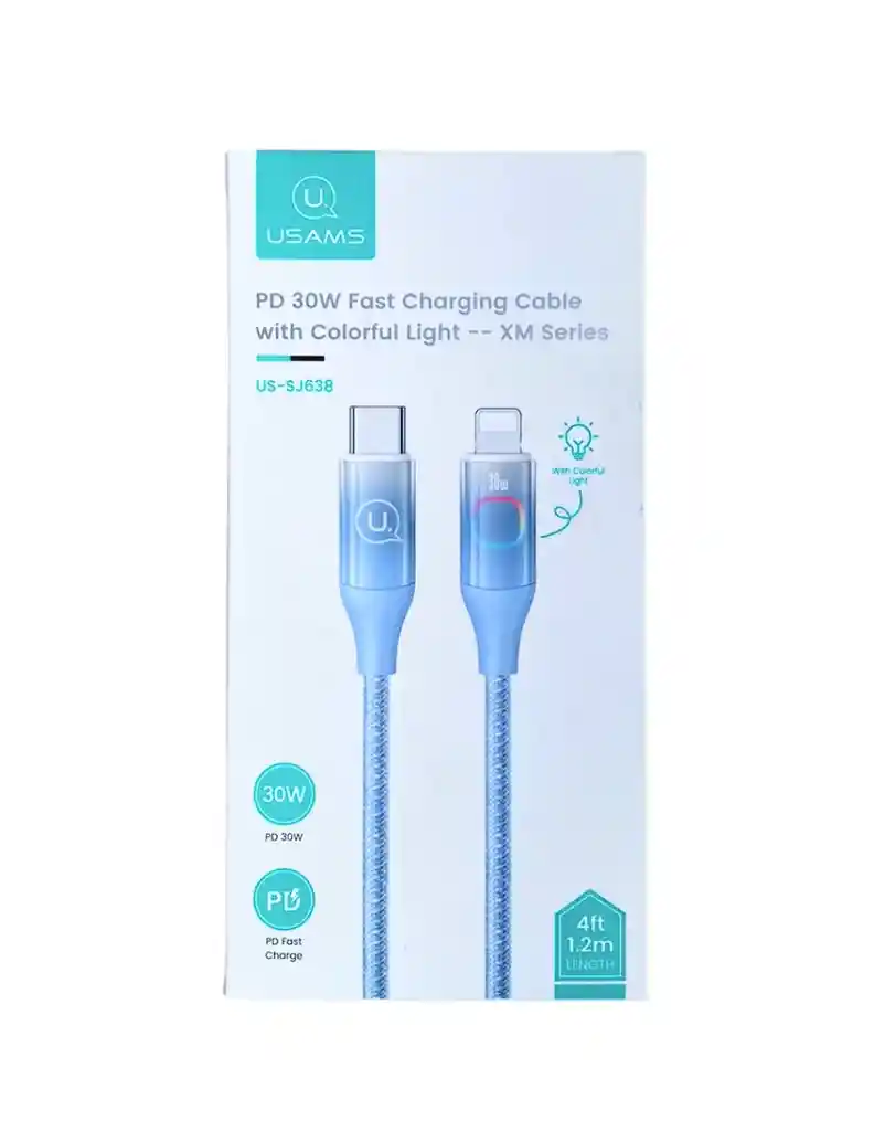 Cable Para Iphone Tipo C 30w 1.2m Usams Azul Con Led