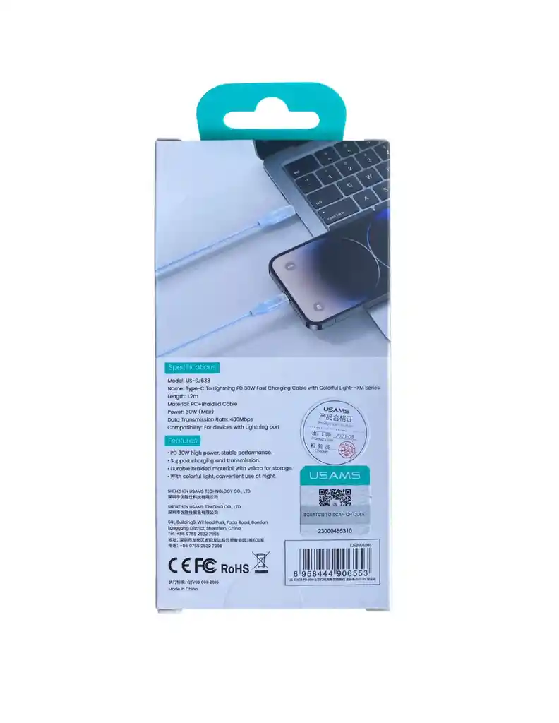 Cable Para Iphone Tipo C 30w 1.2m Usams Azul Con Led