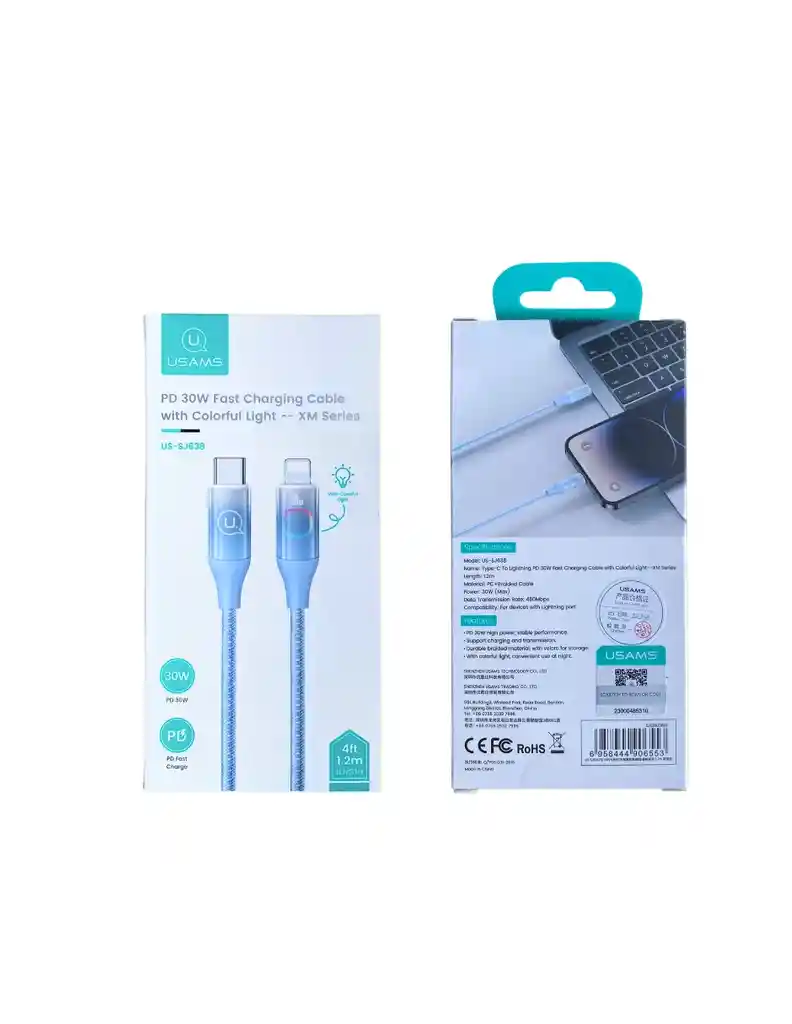 Cable Para Iphone Tipo C 30w 1.2m Usams Azul Con Led