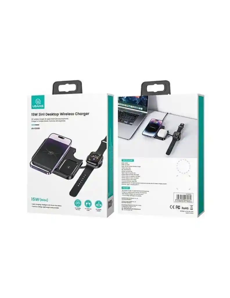 Cargador 3 En 1 Inalámbrico 15w Negro Para Celular, Earpods Y Smartwatch