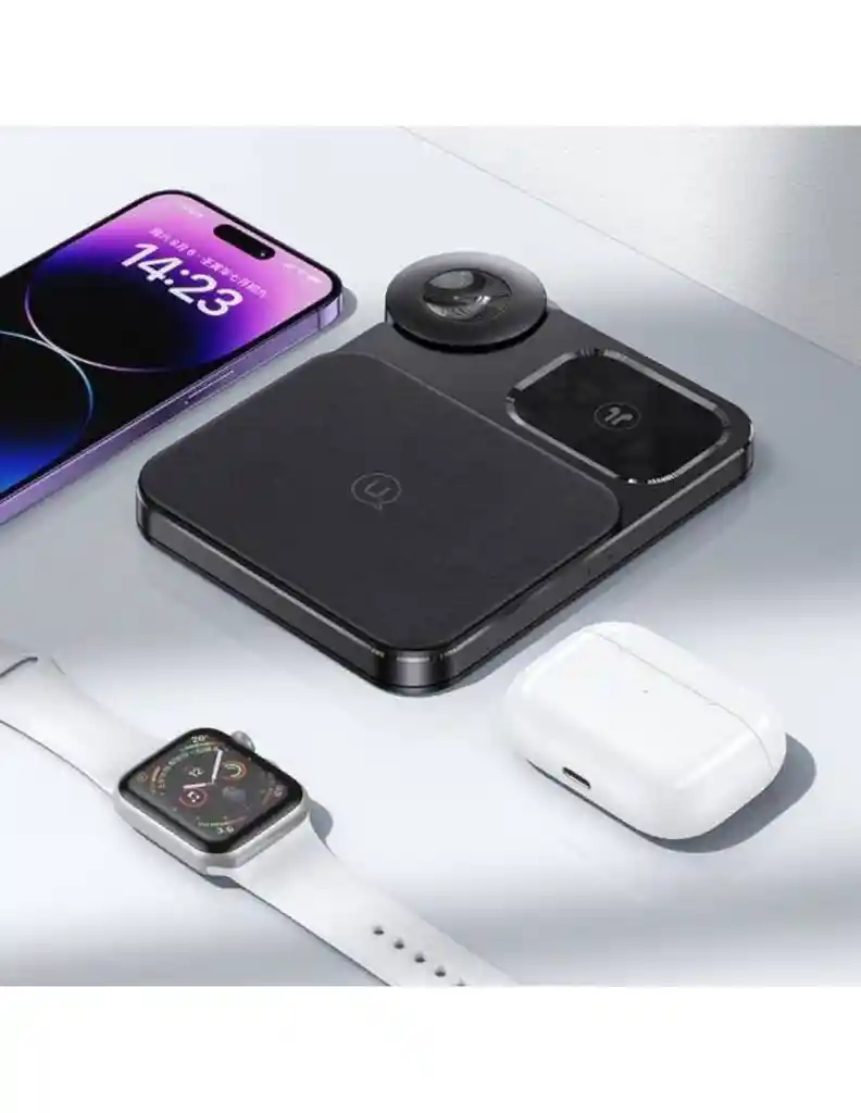 Cargador 3 En 1 Inalámbrico 15w Negro Para Celular, Earpods Y Smartwatch