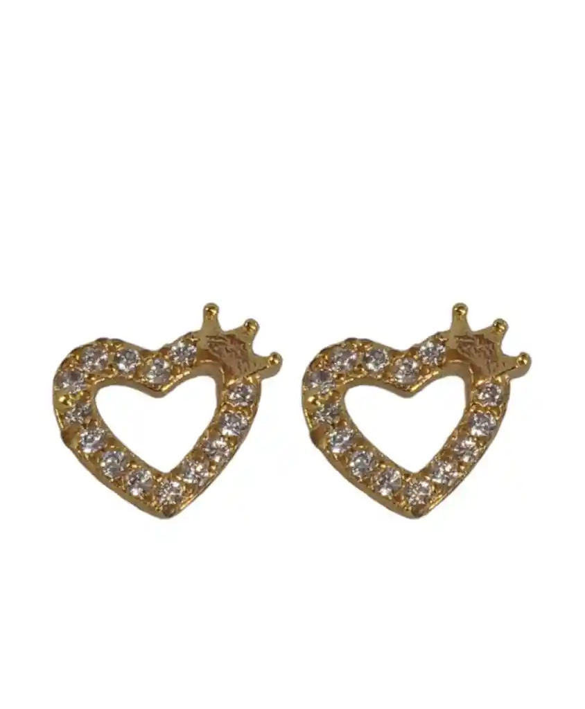 Aretes En Acero Dorados Diseño Corazon Con Corona Y Circones