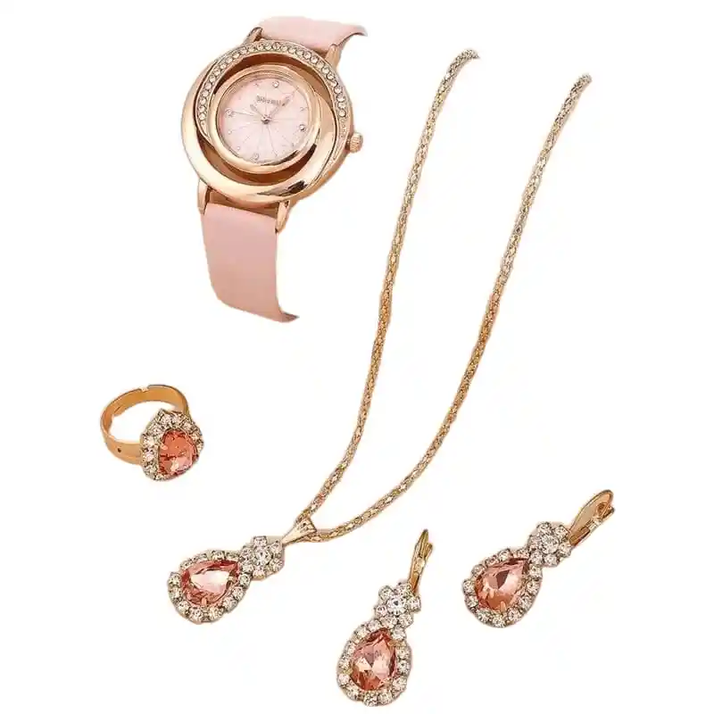 Kit Reloj Rosa Para Mujer + Juego De Collar Aretes Pulsera