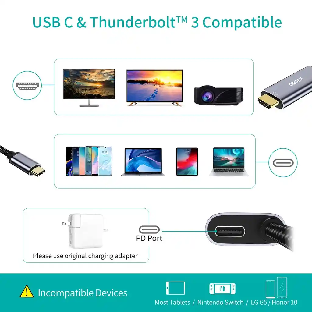 Adaptador Tipo C A Hdmi 4k 60w Pd Con Puerto De Carga
