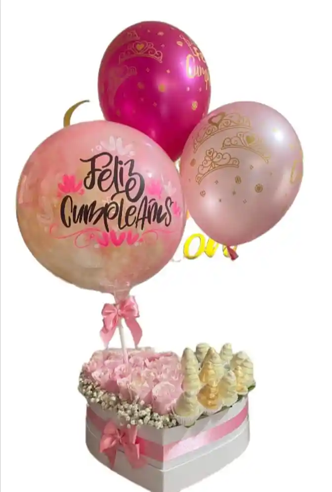 Rosas En Caja Con Chocolates En Chocolate Y Globos