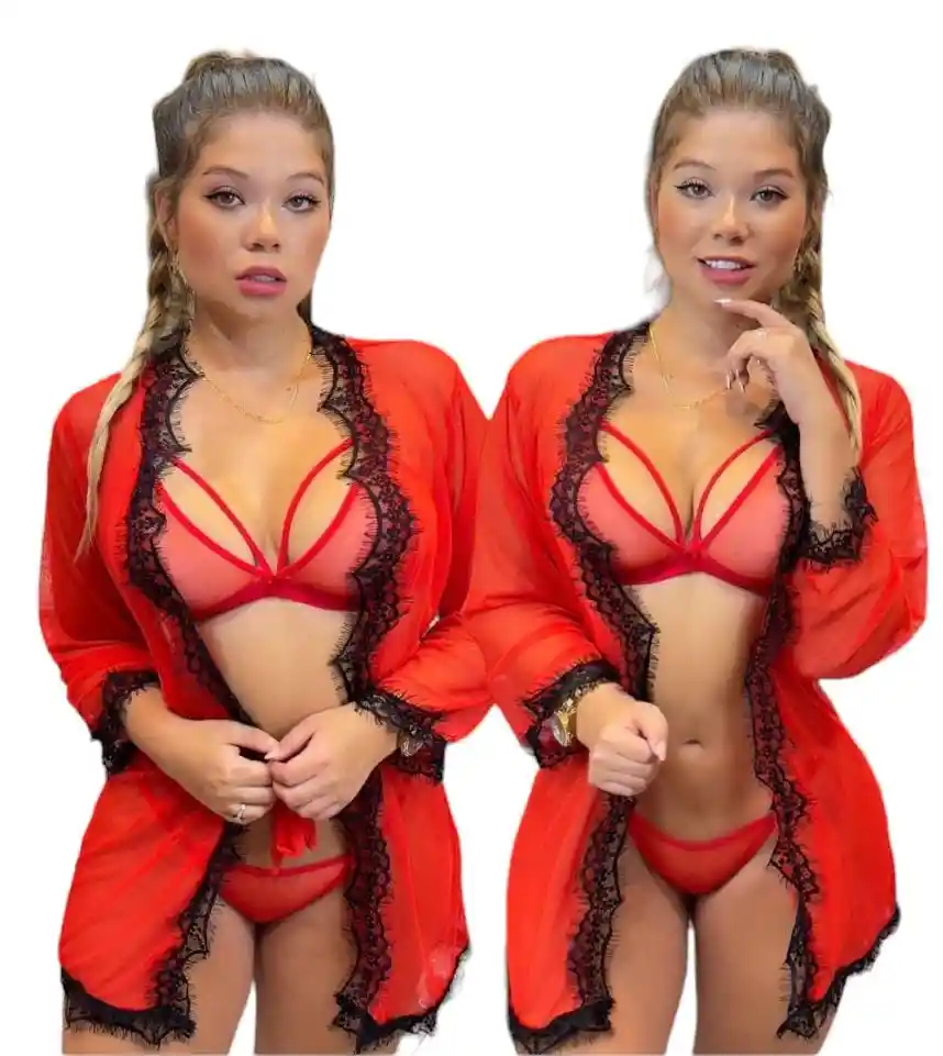 Lencería Sexy Kimono En Encaje Conjunto Ropa Interior Para Dama 3 Piezas