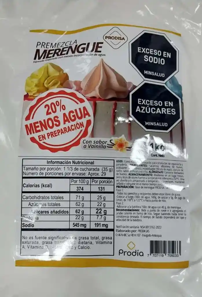 Merengue En Polvo En Premezcla Marca Prodia X 70 G