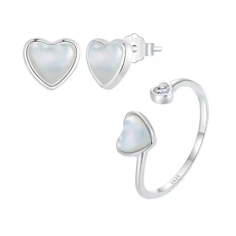 Anillo Ajustable Y Aretes Corazón Amor Para Mujer En Plata