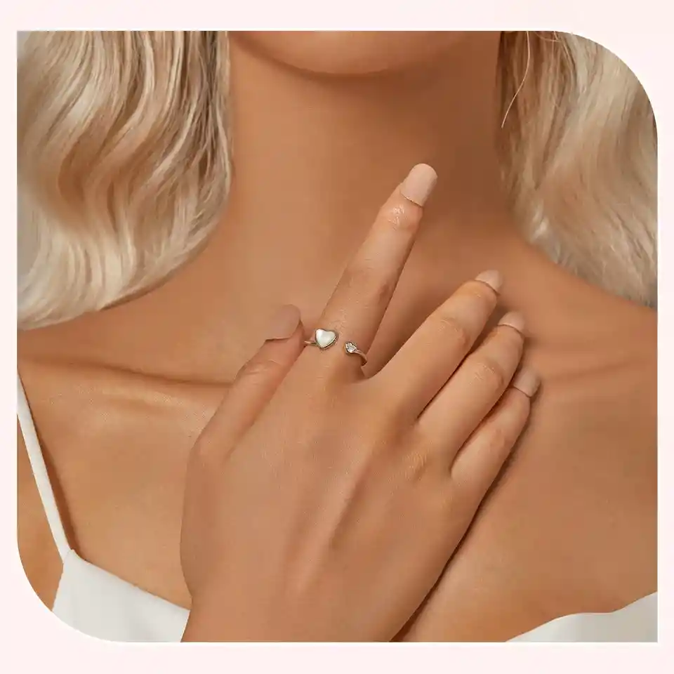 Anillo Ajustable Y Aretes Corazón Amor Para Mujer En Plata