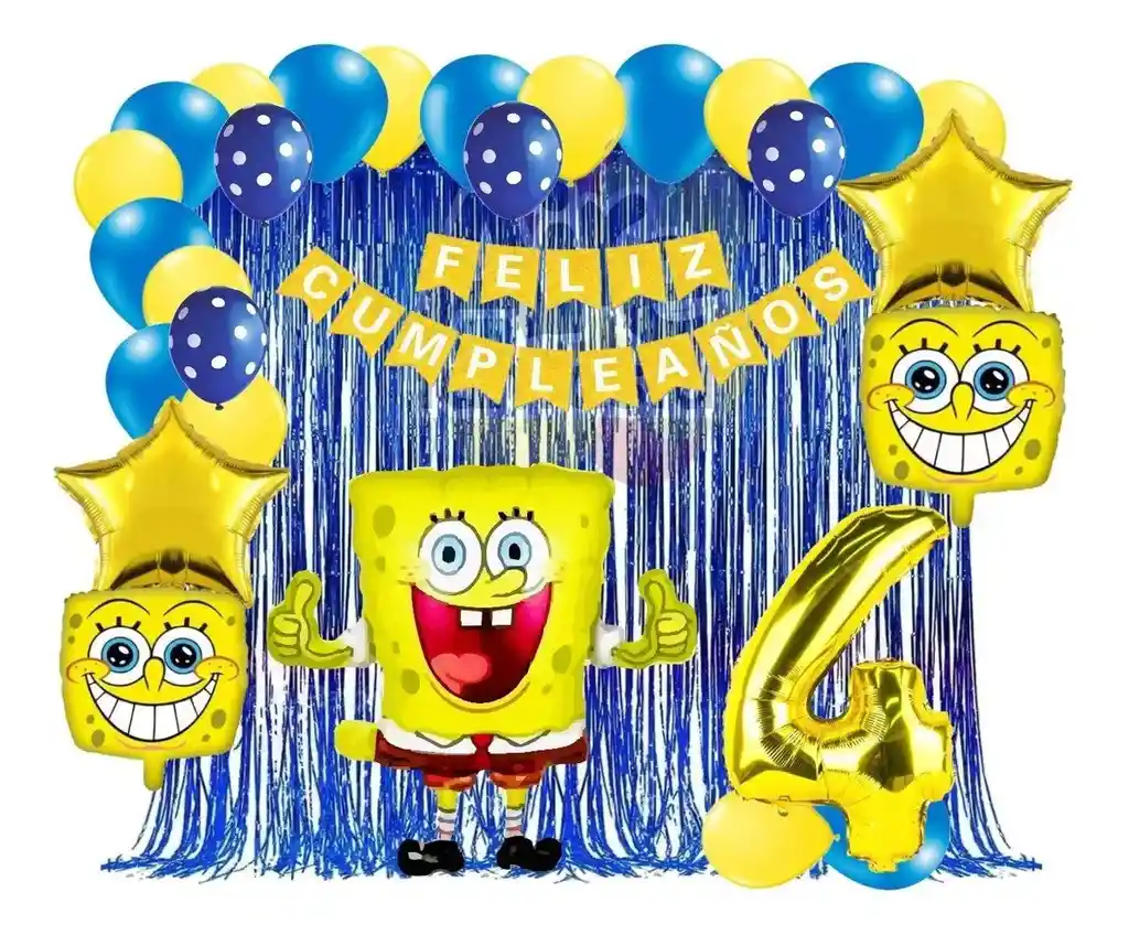 Kit Globos Bob Esponja Azul Dorado Cortina Numero Cumpleaños # 4