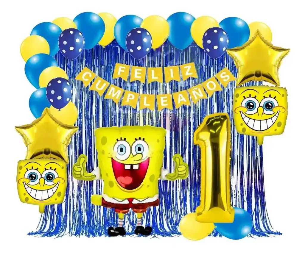 Kit Globos Bob Esponja Azul Dorado Cortina Numero Cumpleaños # 1