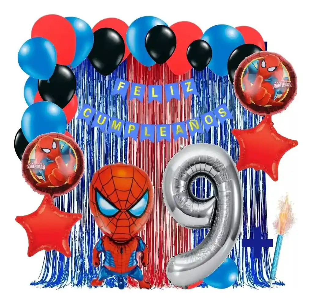 Kit Globos Decoracion Spiderman Azul Rojo Cortina Numero # 9