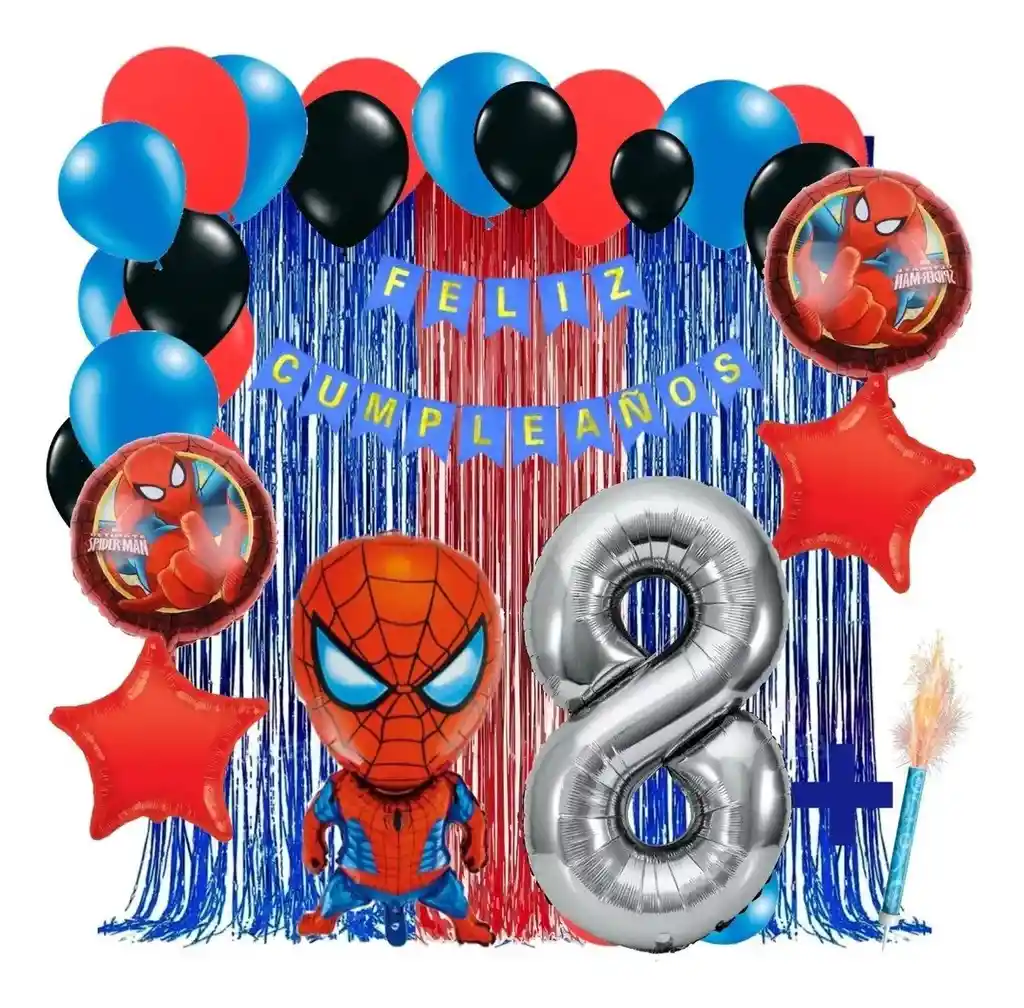 Kit Globos Decoracion Spiderman Azul Rojo Cortina Numero # 8