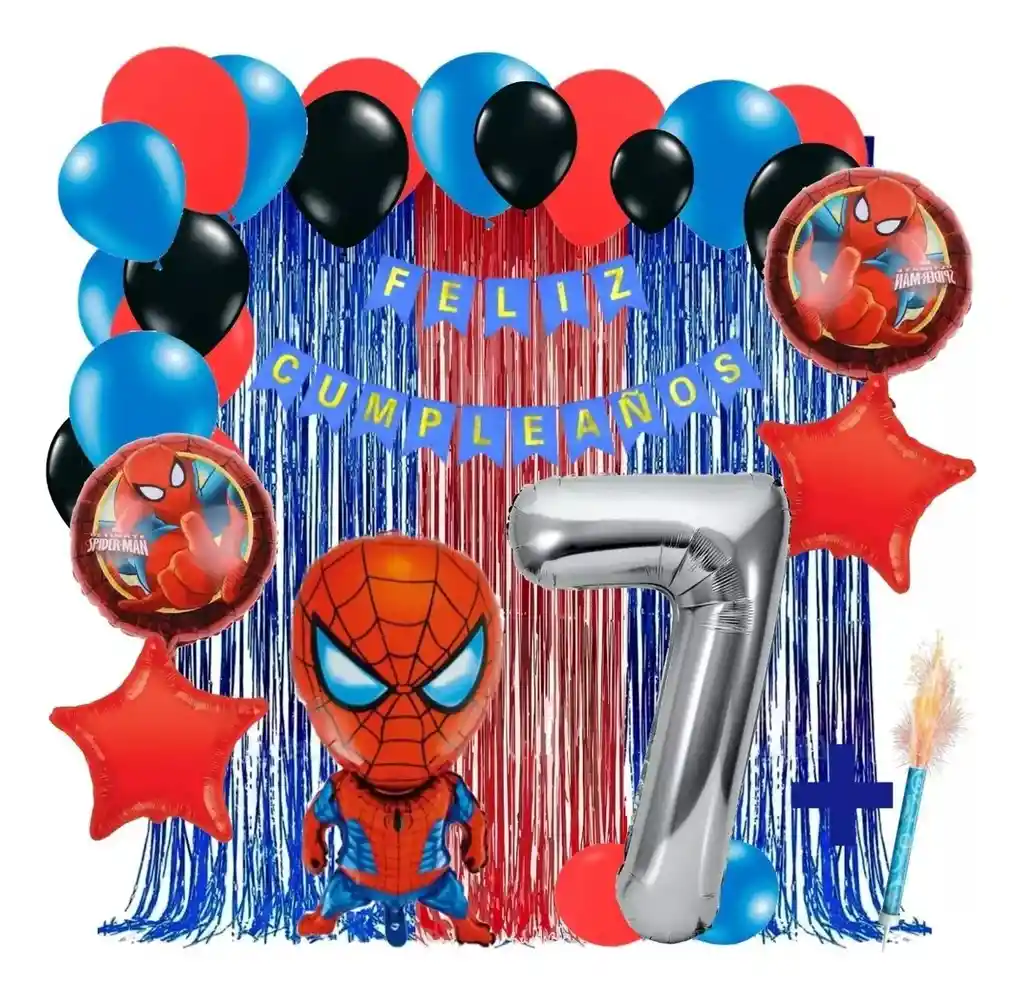 Kit Globos Decoracion Spiderman Azul Rojo Cortina Numero # 7