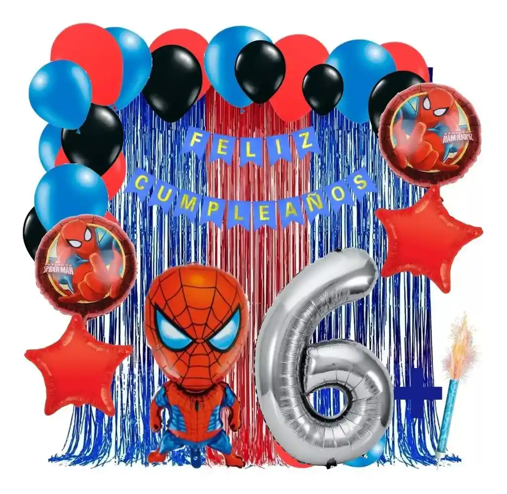 Kit Globos Decoracion Spiderman Azul Rojo Cortina Numero # 6