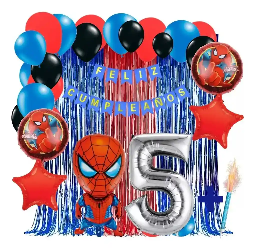 Kit Globos Decoracion Spiderman Azul Rojo Cortina Numero # 5