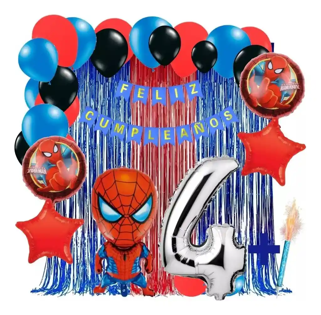 Kit Globos Decoracion Spiderman Azul Rojo Cortina Numero # 4