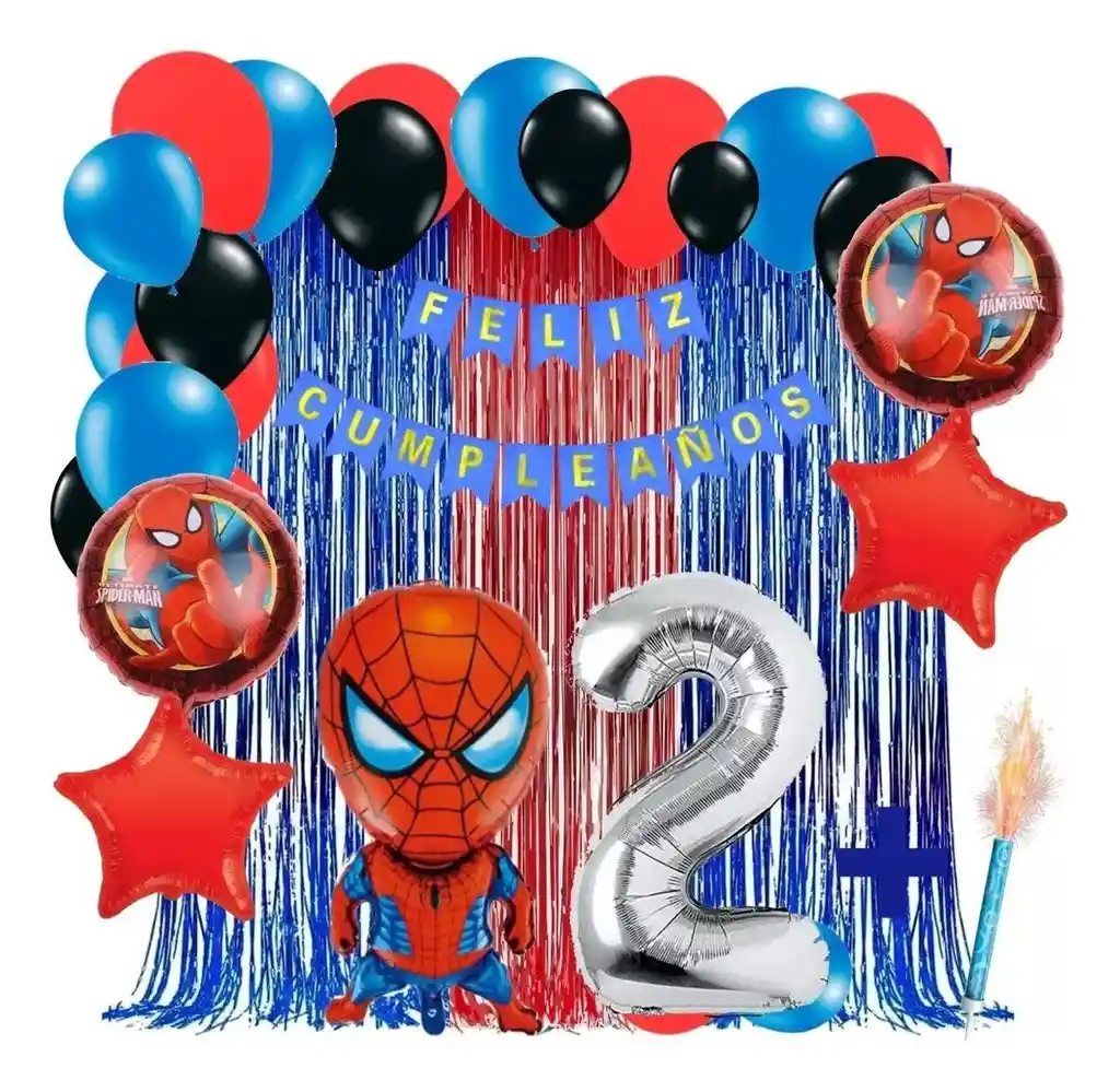 Kit Globos Decoracion Spiderman Azul Rojo Cortina Numero # 2