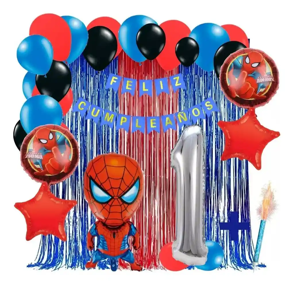 Kit Globos Decoracion Spiderman Azul Rojo Cortina Numero # 1