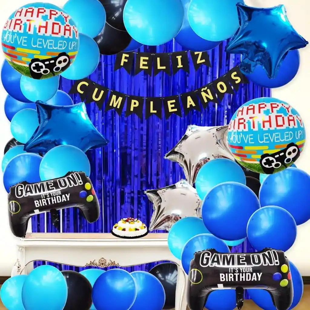 Kit Arco Globo Video Juego Azul Cumpleaños Cortina Feston