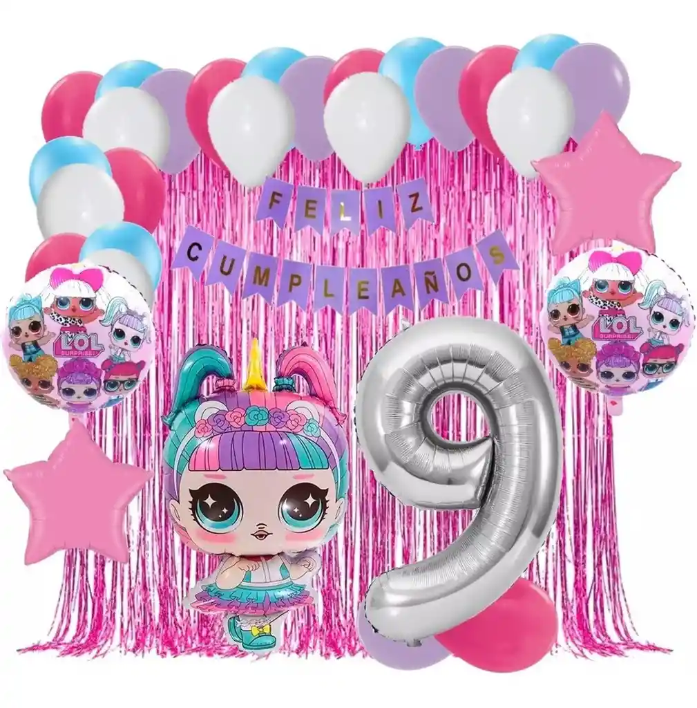 Kit Globos Decoracion Lol Unicornio Cortina Numero Fucsia # 9