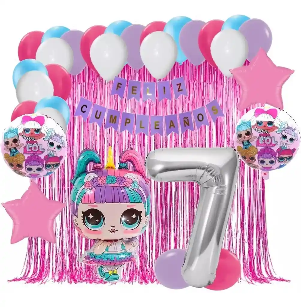 Kit Globos Decoracion Lol Unicornio Cortina Numero Fucsia # 7