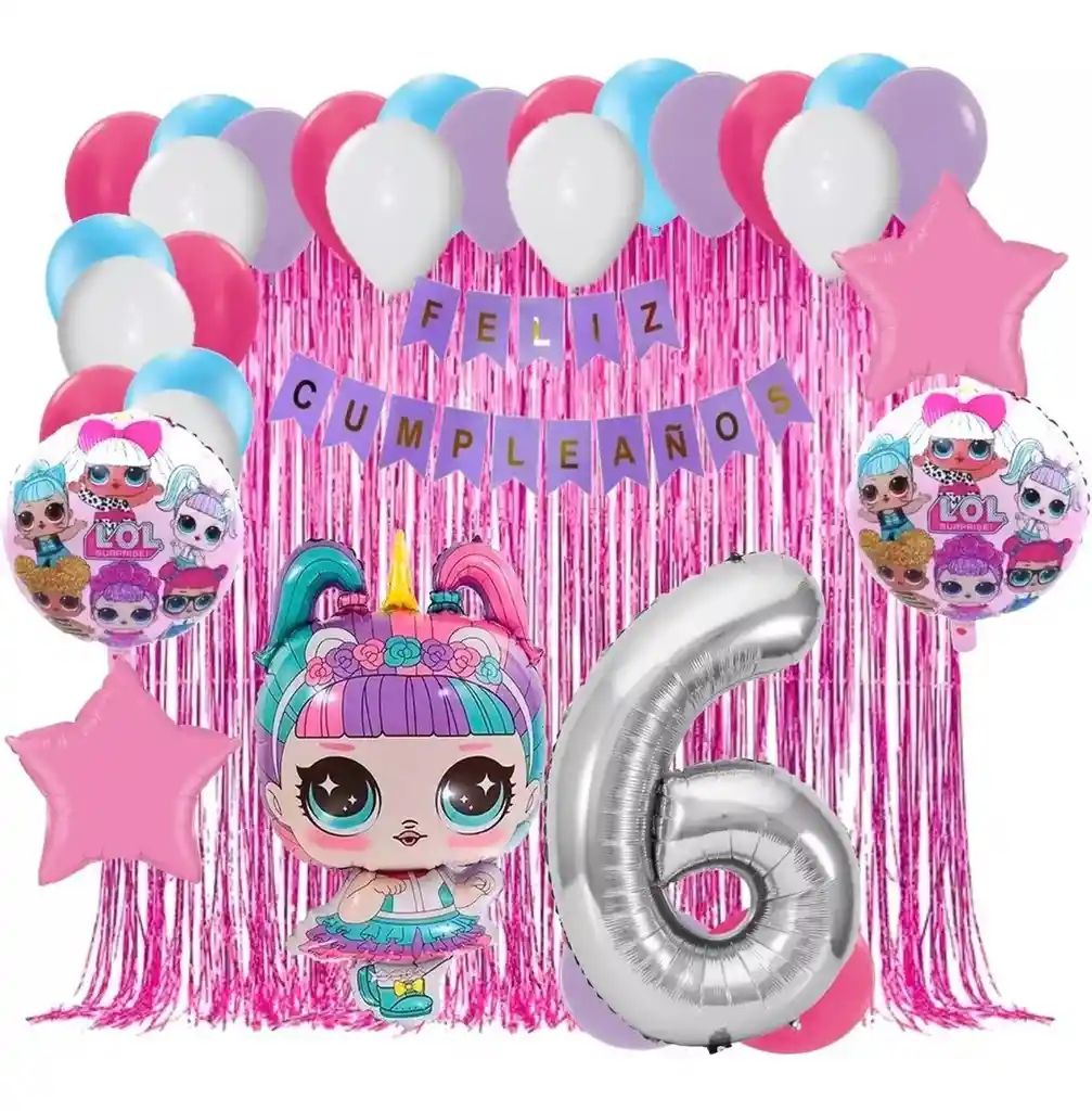 Kit Globos Decoracion Lol Unicornio Cortina Numero Fucsia # 6