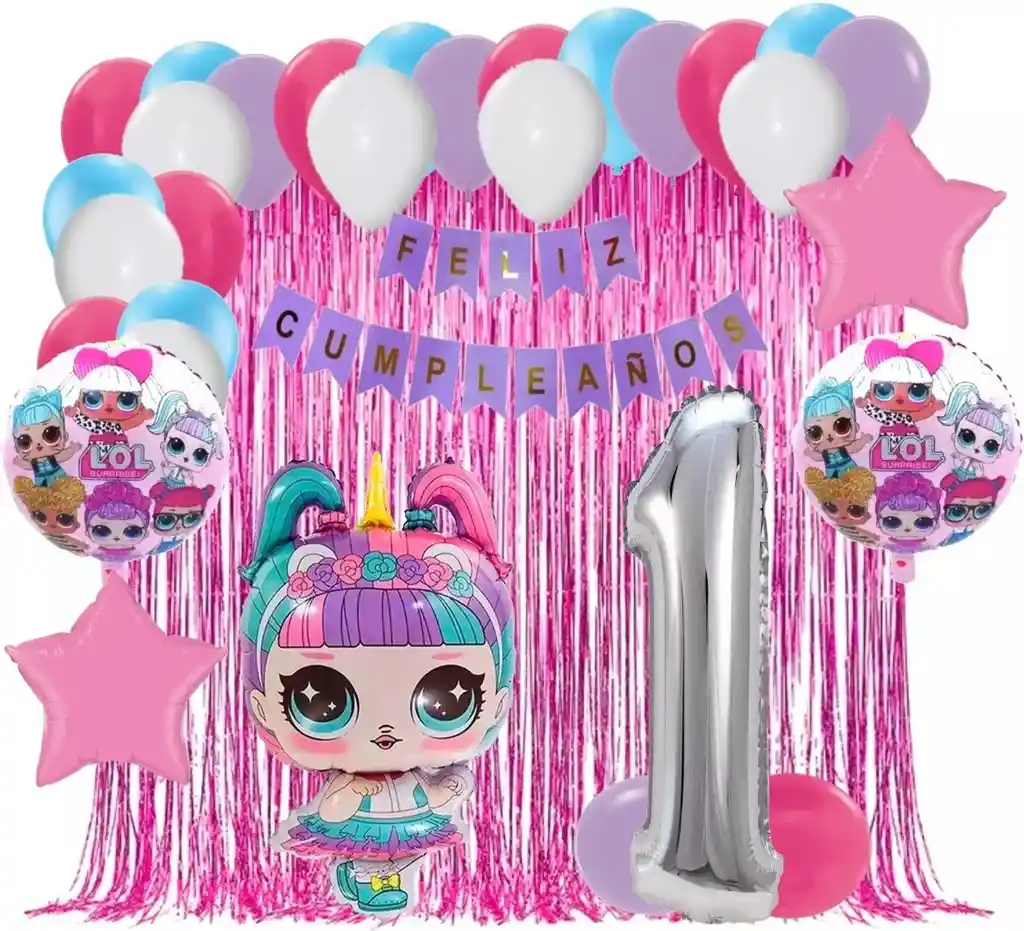 Kit Globos Decoracion Lol Unicornio Cortina Numero Fucsia # 1