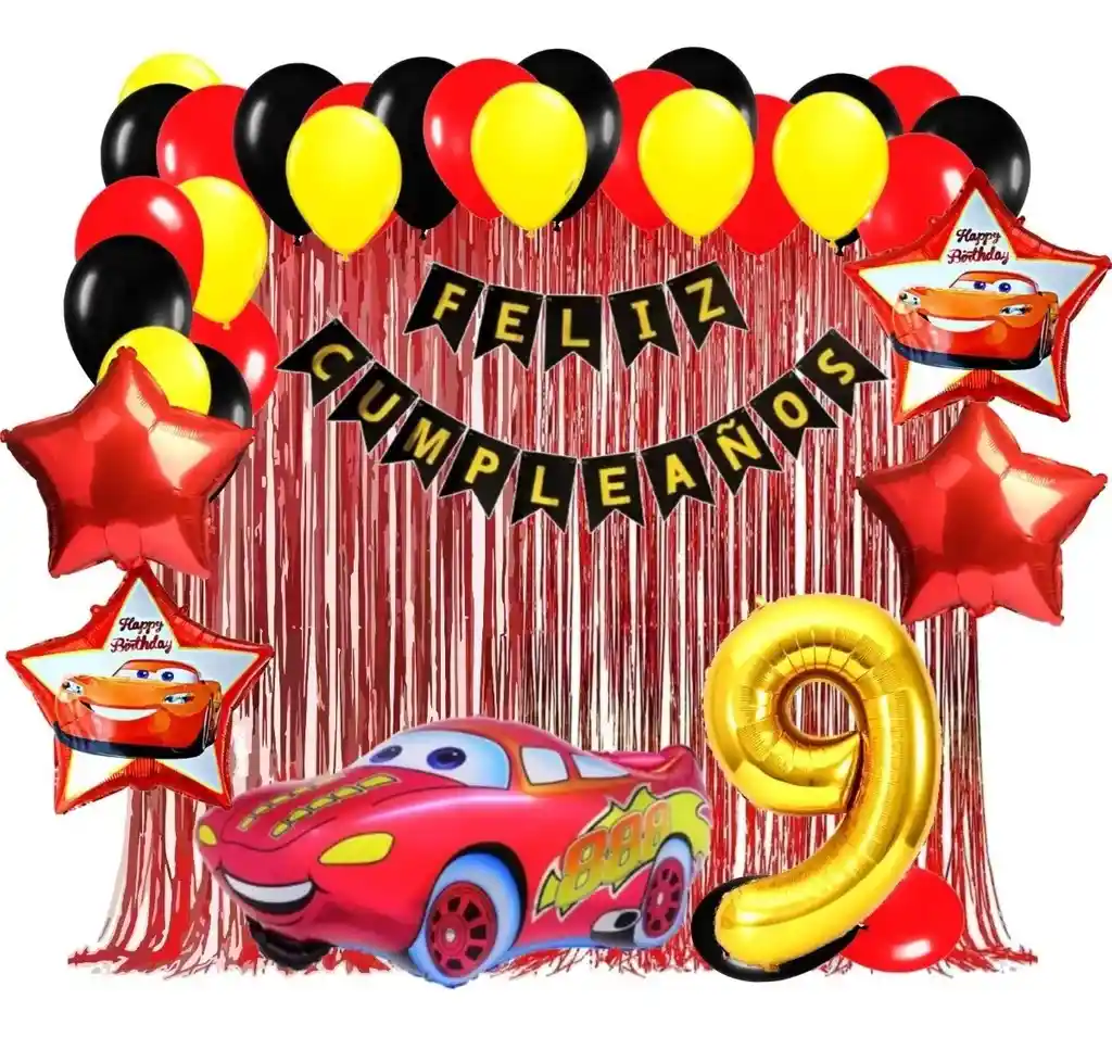 Kit Globos Decoración Cars Carros Rojo Dorado Cortina # 9