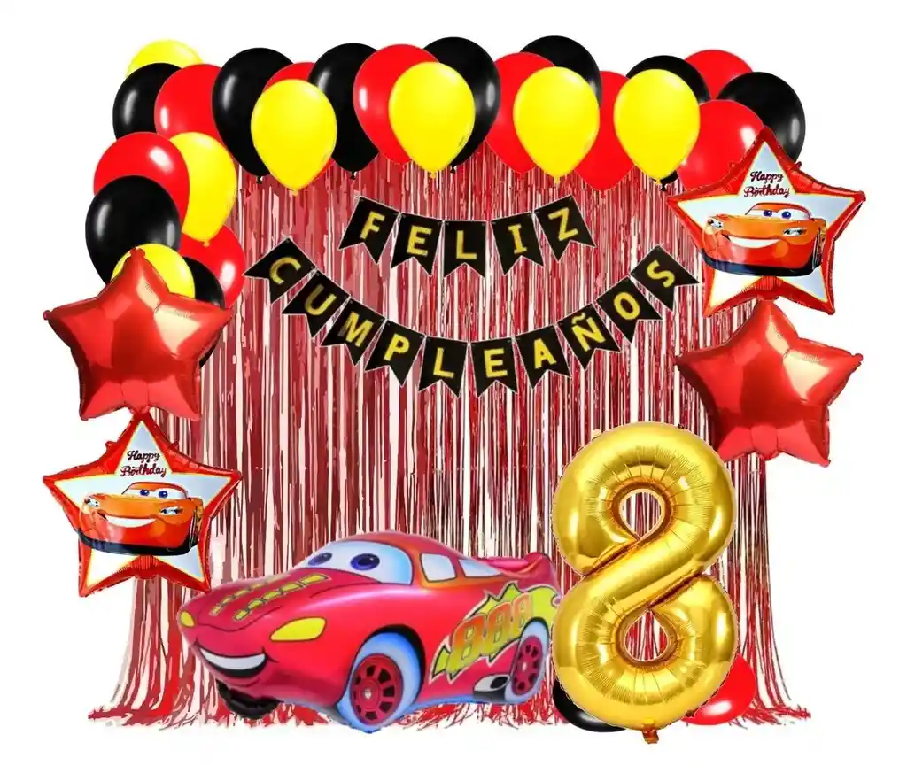 Kit Globos Decoración Cars Carros Rojo Dorado Cortina # 8