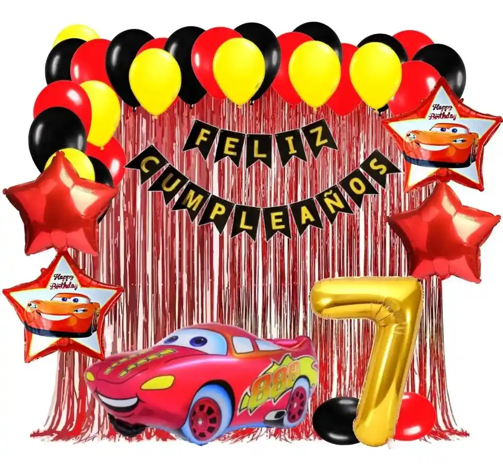 Kit Globos Decoración Cars Carros Rojo Dorado Cortina # 7