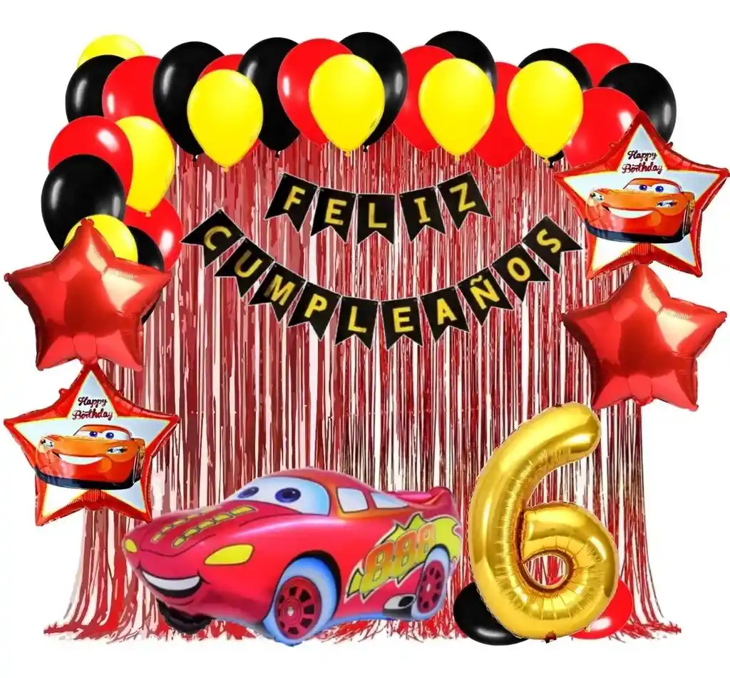 Kit Globos Decoración Cars Carros Rojo Dorado Cortina # 6