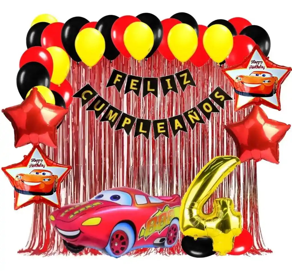 Kit Globos Decoración Cars Carros Rojo Dorado Cortina # 4