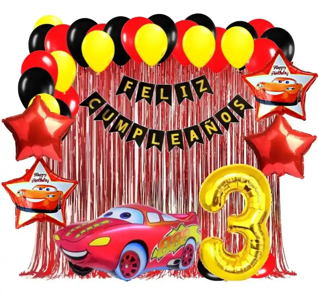 Kit Globos Decoración Cars Carros Rojo Dorado Cortina # 3