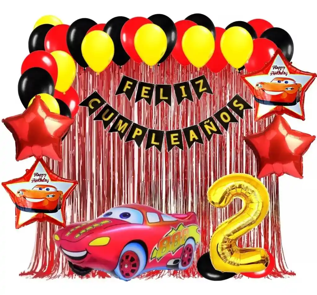 Kit Globos Decoración Cars Carros Rojo Dorado Cortina # 2