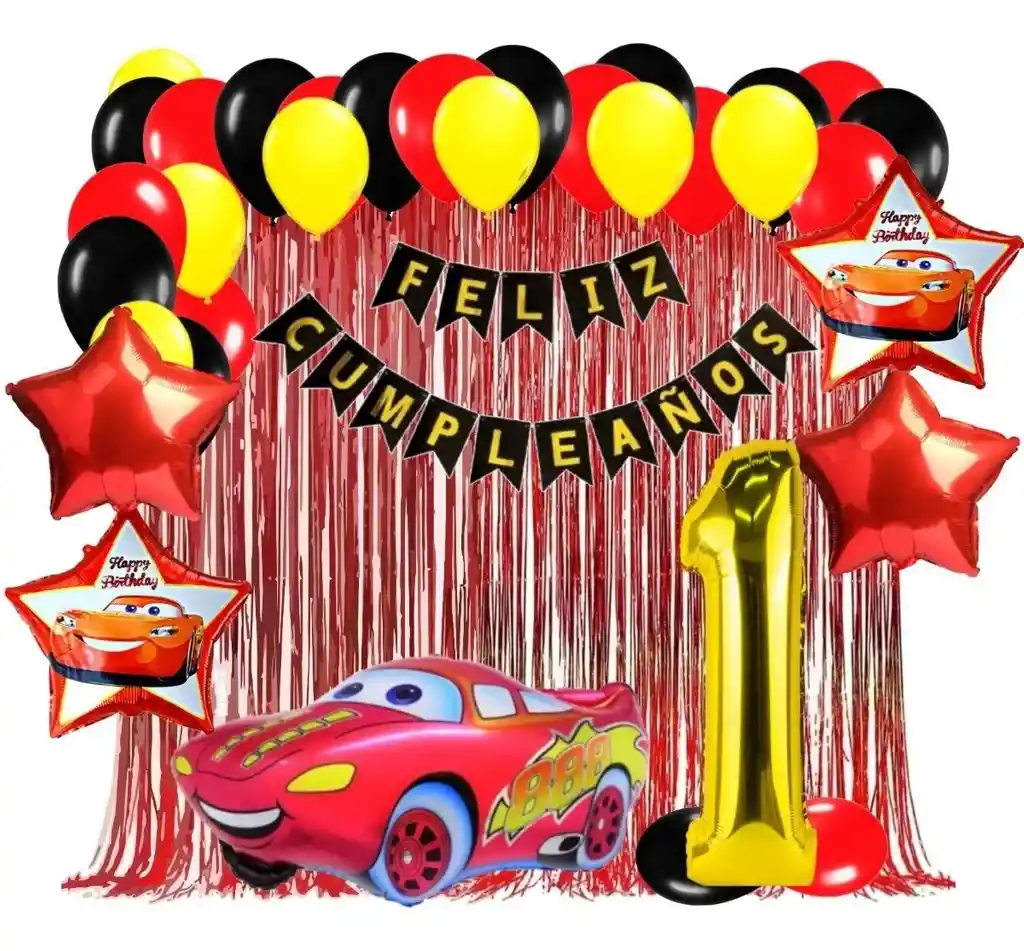 Kit Globos Decoración Cars Carros Rojo Dorado Cortina # 1