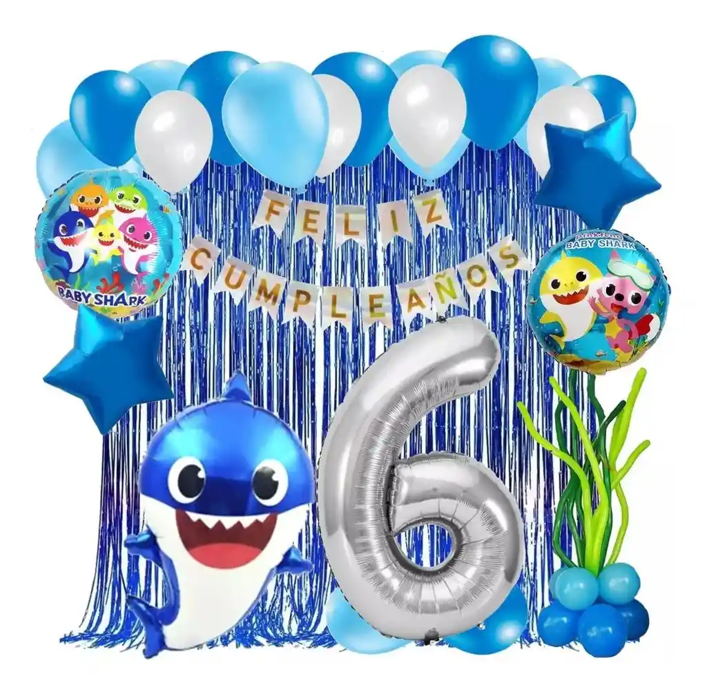 Kit Globos Decoracion Baby Shark Tiburon Marino Azul Cortina # 6