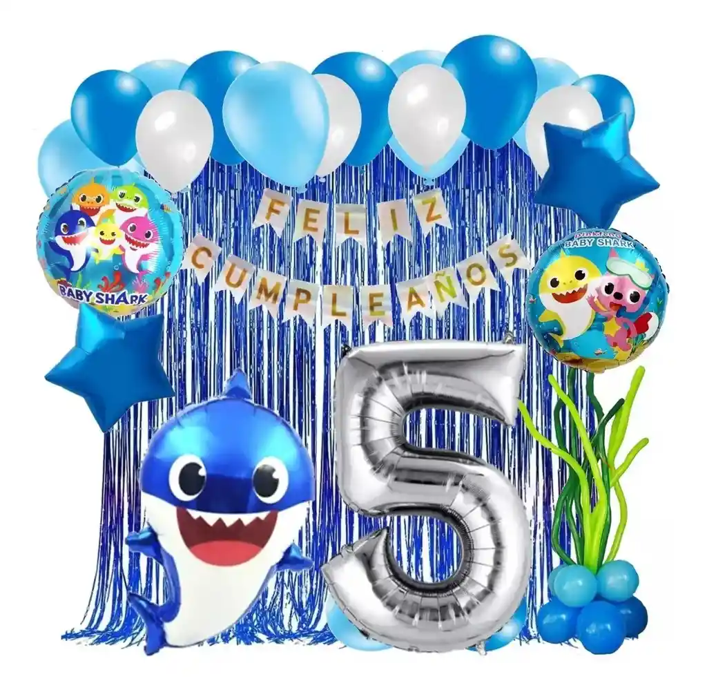 Kit Globos Decoracion Baby Shark Tiburon Marino Azul Cortina # 5