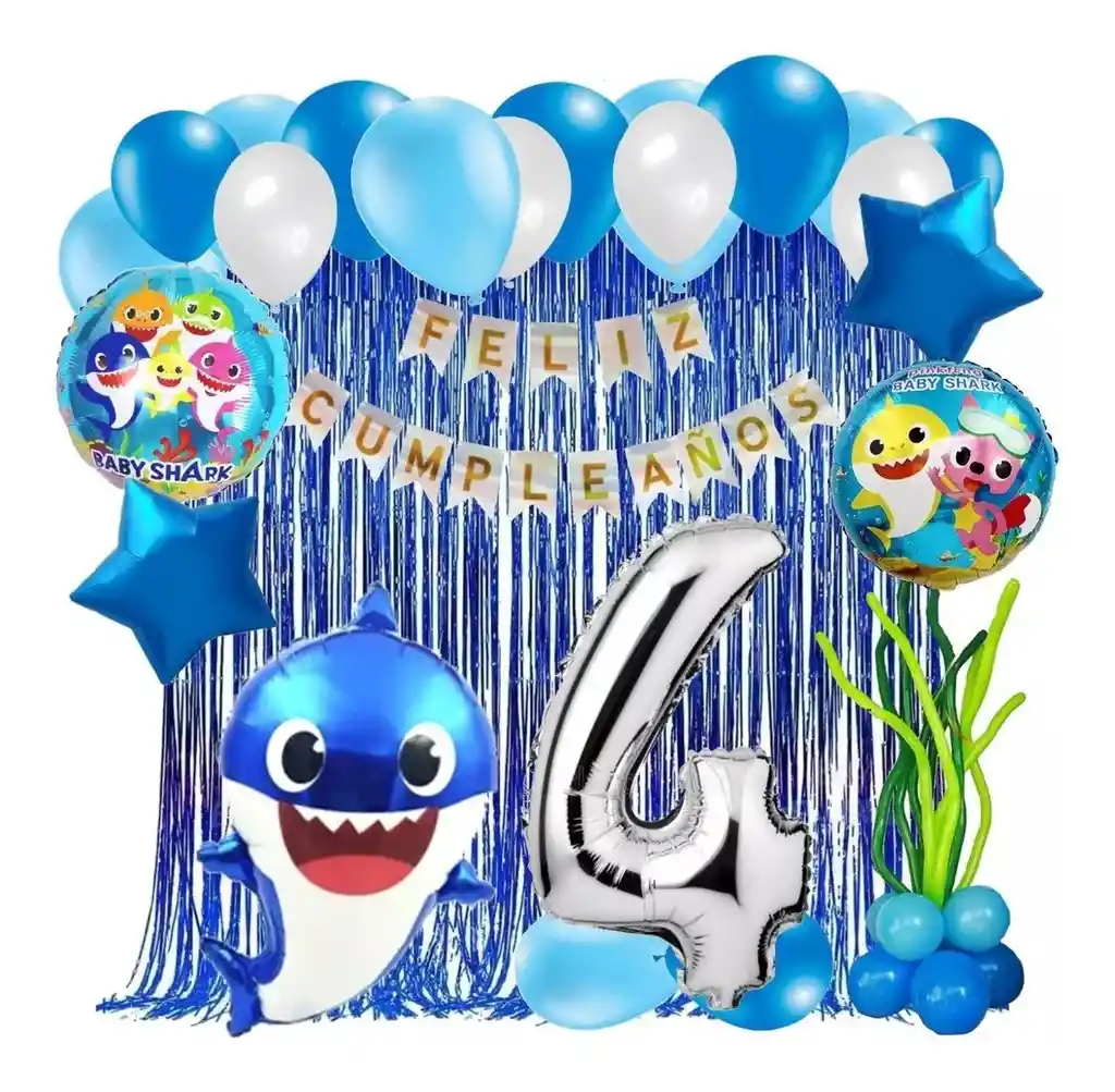 Kit Globos Decoracion Baby Shark Tiburon Marino Azul Cortina # 4