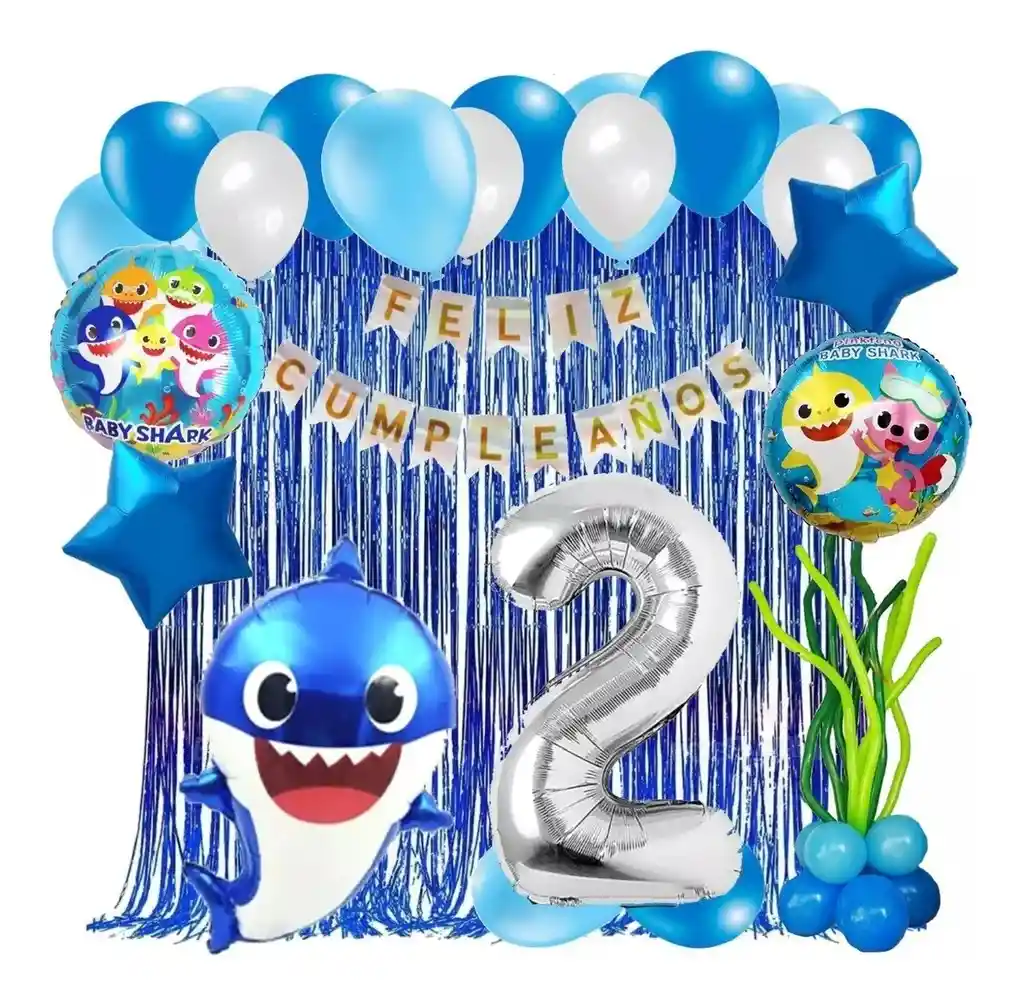 Kit Globos Decoracion Baby Shark Tiburon Marino Azul Cortina # 2