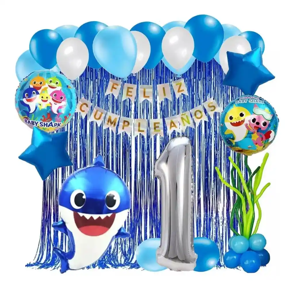 Kit Globos Decoracion Baby Shark Tiburon Marino Azul Cortina # 1