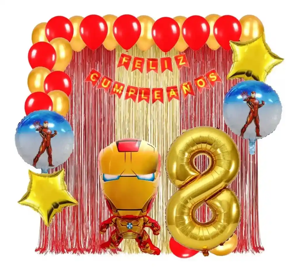 Kit Globos Decoracion Iron Man Cortina Dorado Rojo Numero # 8